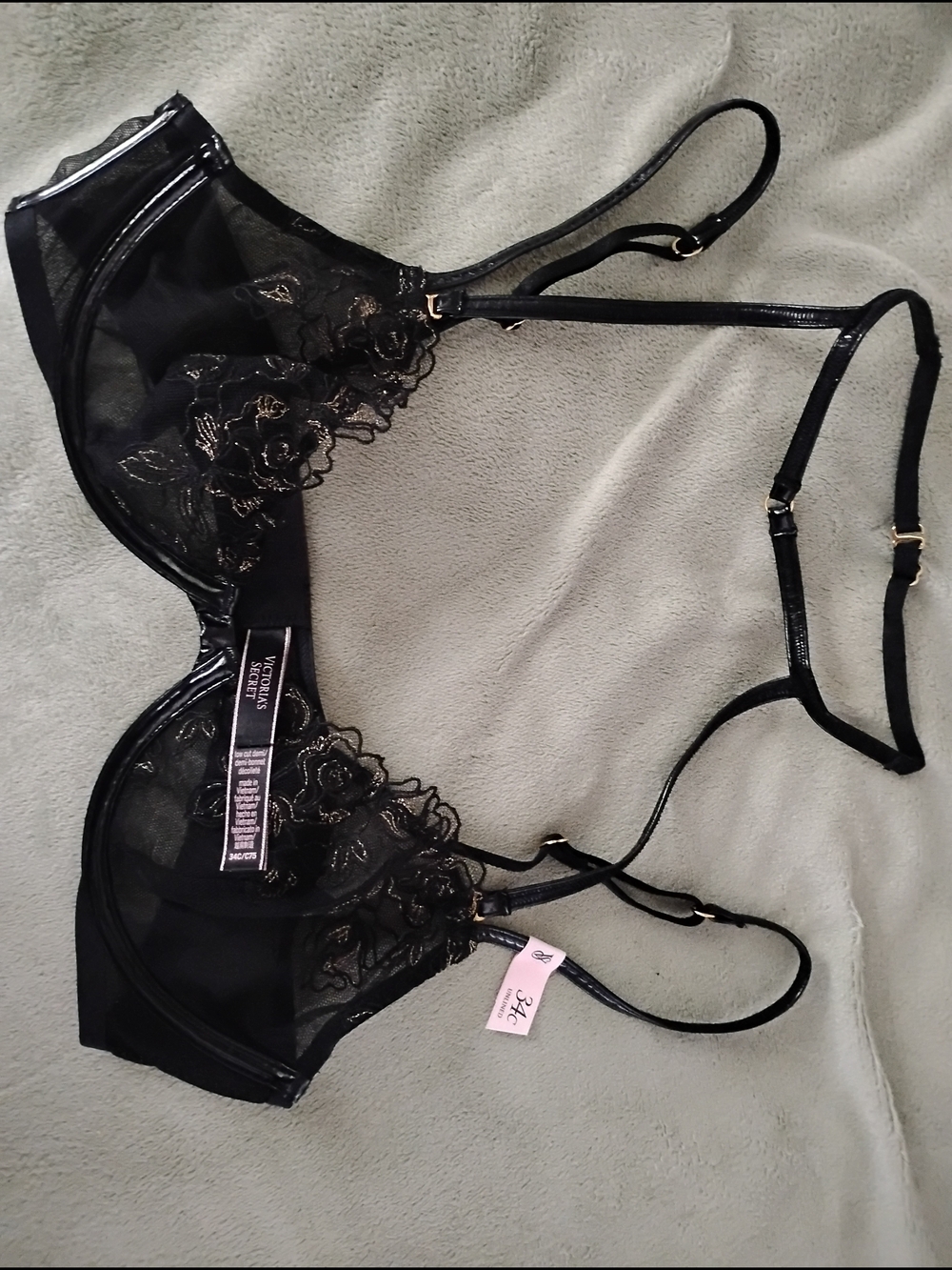 VS 34C Sheer Black Lace Underwire Bra with Floral Embroidery, Removable Collar
